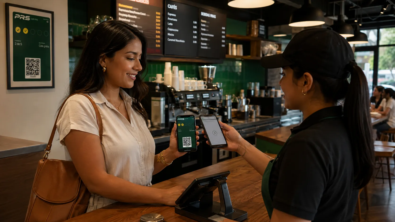 Clienta canjeando su tarjeta de sellos en la caja de una cafetería